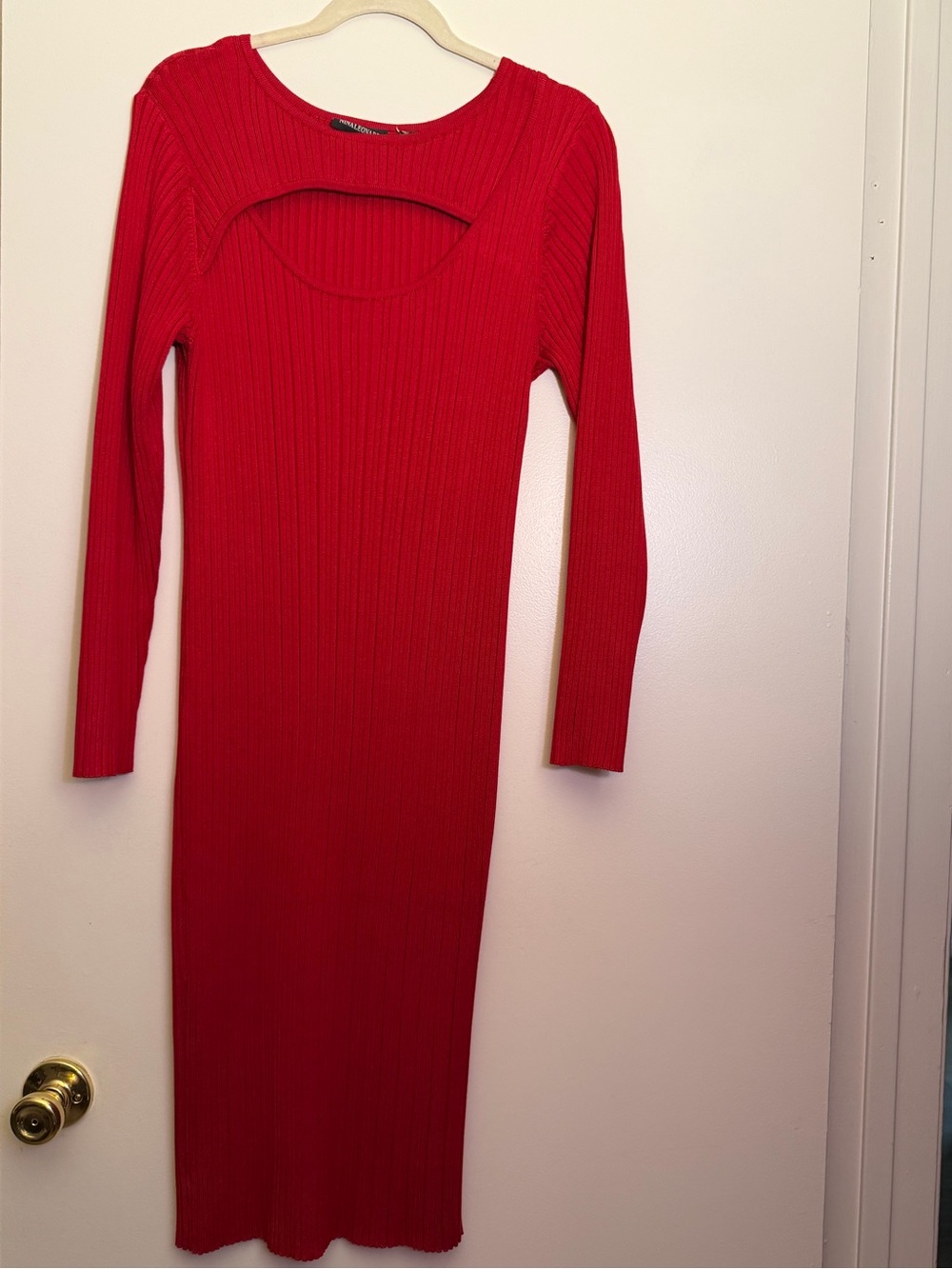 Nina Leonard Red Ribbed Long Sleeve Cutout Bodycon Dress